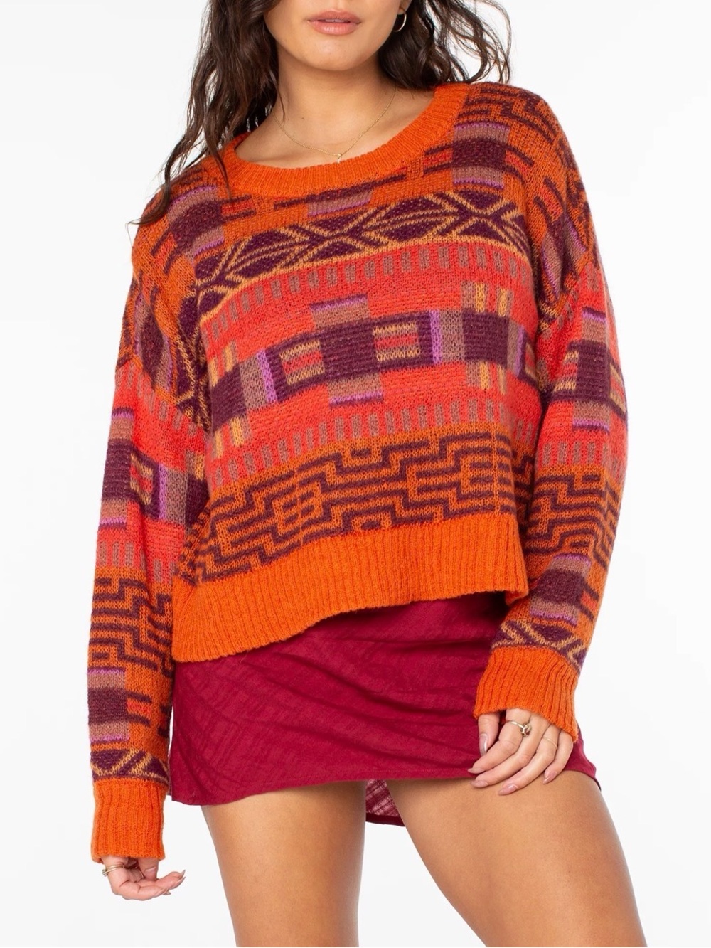 Roxy Free Spirit Boho Geometric Sweater Cozy Comfy Beachy Cropped Length Light